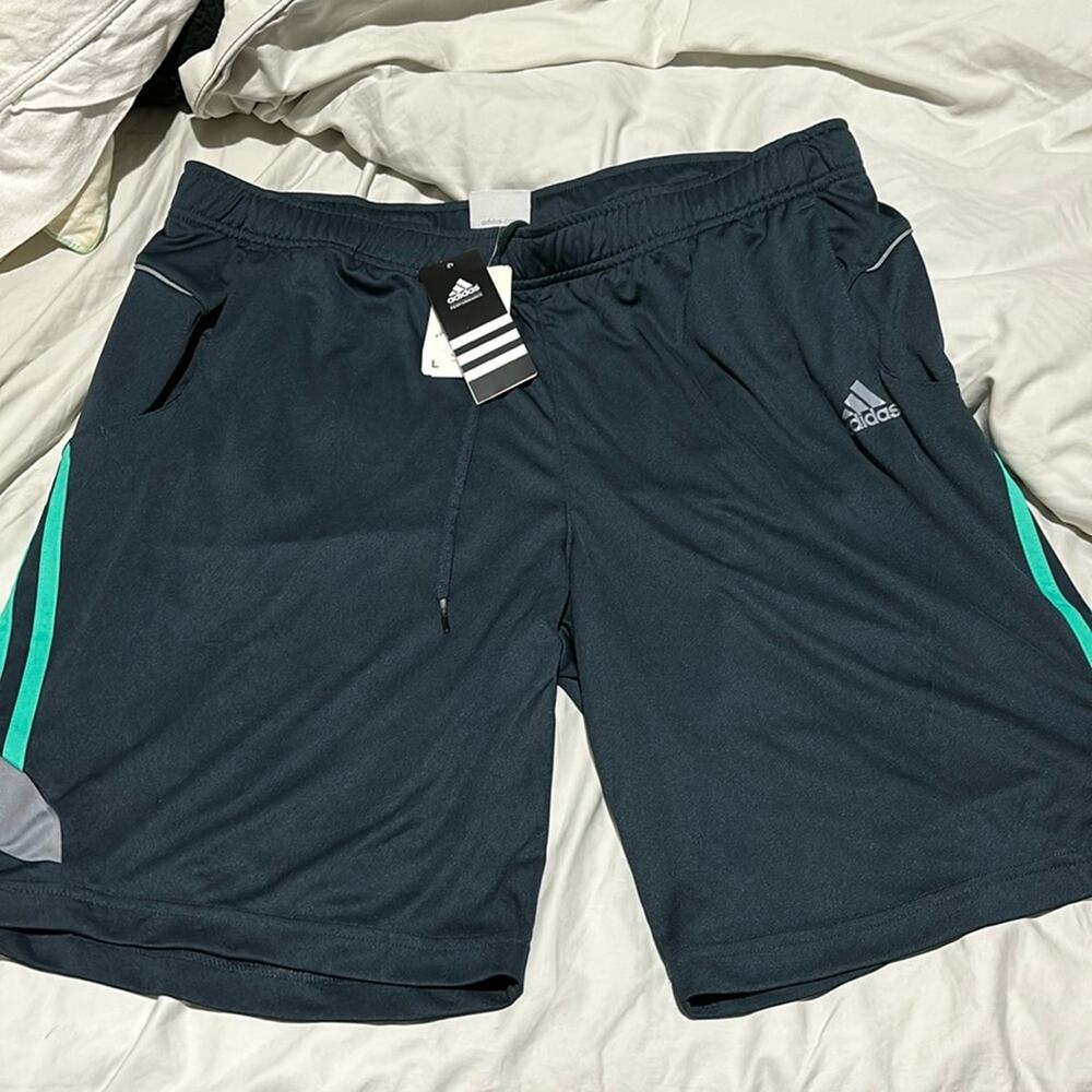 Adidas L blue teal shorts turquoise 3 stripe reflective silver pockets net